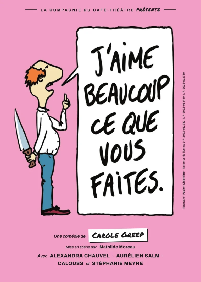 Affiche de J'aime beaucoup ce que vous faites à Nantes : un personnage cache un couteau en lançant un faux compliment