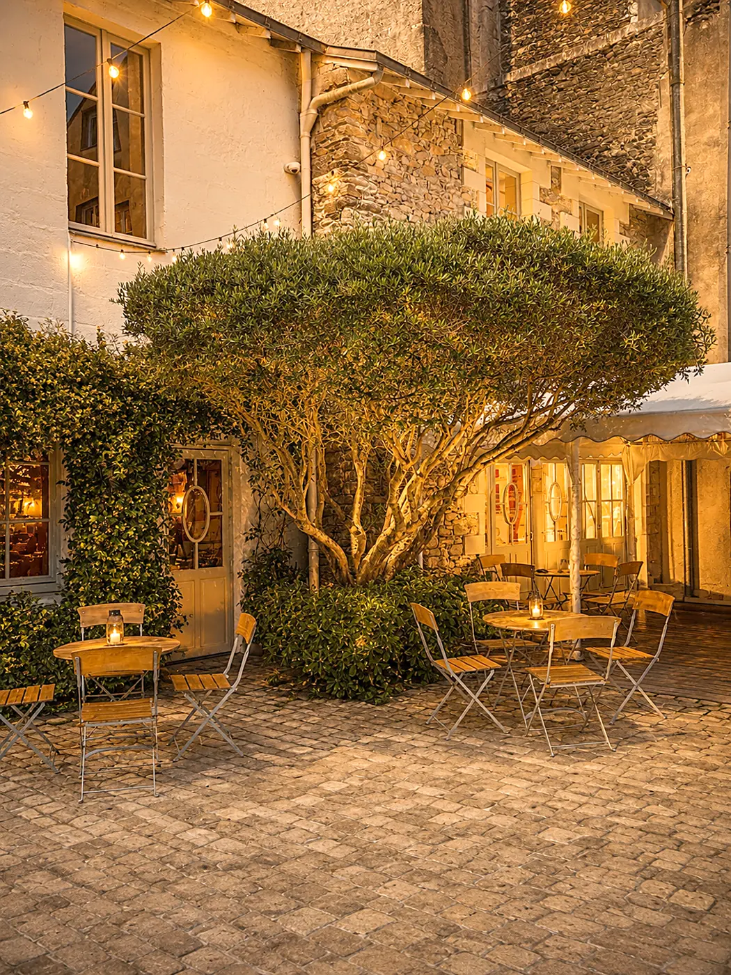 La terrasse secrète et cachée du bar Chez Marius à Nantes, illuminée le soir